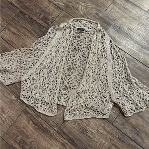 Eileen Fisher L Gray Open-Crochet Women's Open Front Cardigan Poncho Kimono